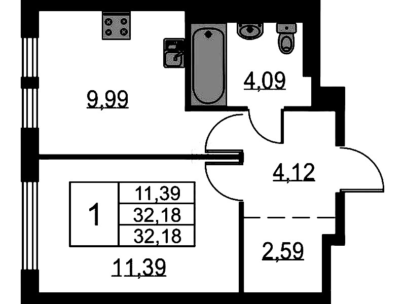 1-комнатная квартира 32.18 м², 10/12 эт., ЖК «Невская Долина»